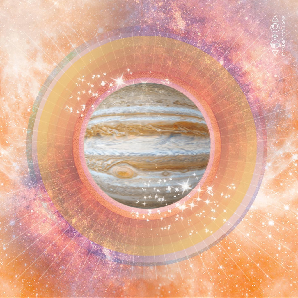 Image of Auspicious Guru Planet Jupiter surrounded by orange, yellow, pink and purple halo with rays of light and specs of stars surrounding