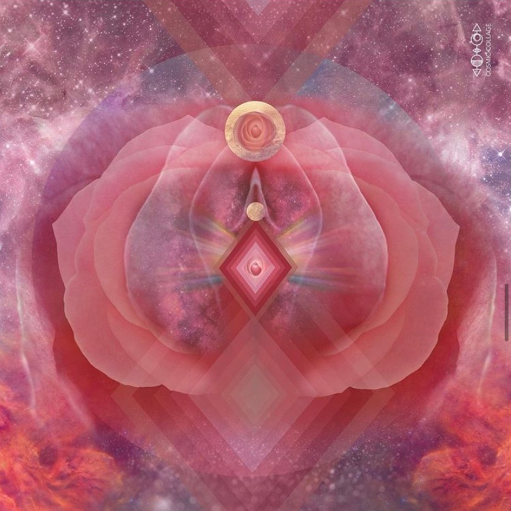 A delicate and powerful Cosmic Yoni filled with layers of red, pink, peach and gold pedals resembling a vulva with sacred geometry