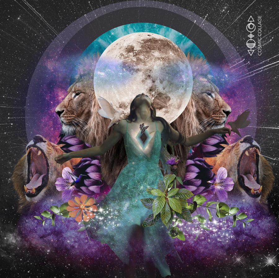 Woman with open arms and exposed heart in a turquoise dress before a full moon bursting with life and lions and wild cats and purple and black and blue cosmic galactic background