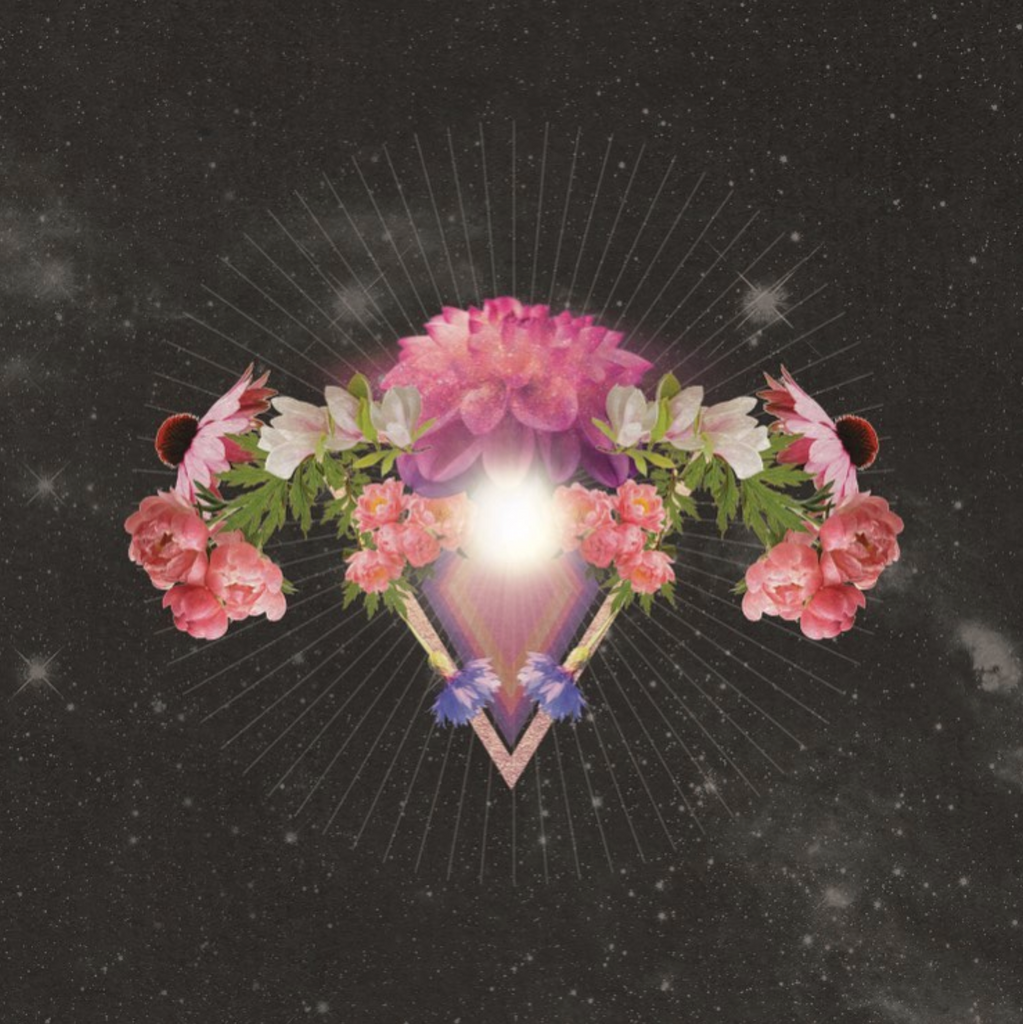 Cosmic collage of a visual prayer of protection for the sacred feminine with a radiant geometric vaginal portal featuring pink and purple flowers on a black galactic background