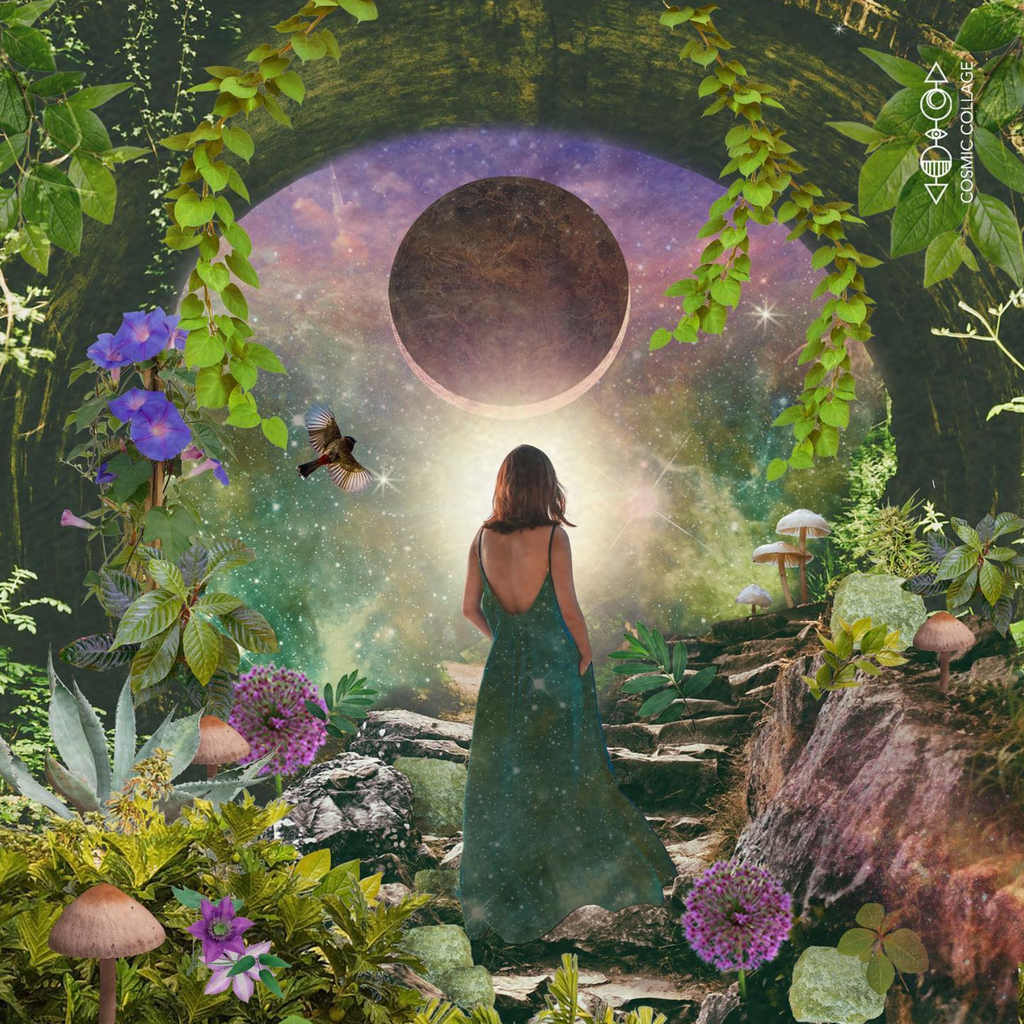 Feminine woman in cosmic green dress faces natural stone steps leading to the cosmic portal of the moon surrounded with lush vegetation agave plants mushrooms and birds